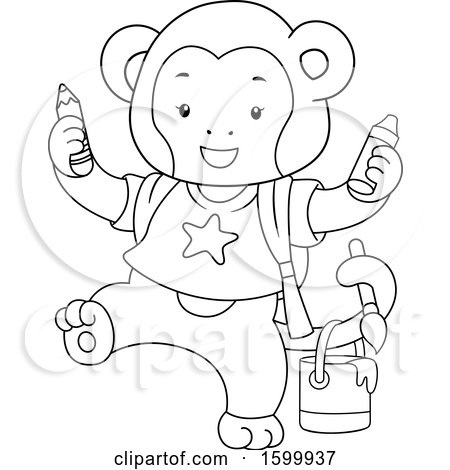Clipart of a Lineart Monkey with Crayons and Paint - Royalty Free Vector Illustration by BNP Design Studio