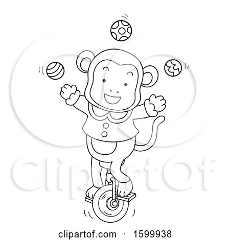 Clipart of a Lineart Circus Monkey Juggling and Riding a Unicycle - Royalty Free Vector Illustration by BNP Design Studio