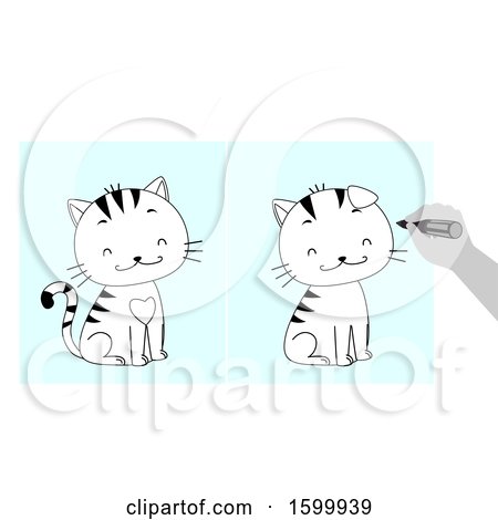 Clipart of a Hand Holding a Marker Playing Spot the Difference Between Two Drawings of a Smiling Cat - Royalty Free Vector Illustration by BNP Design Studio