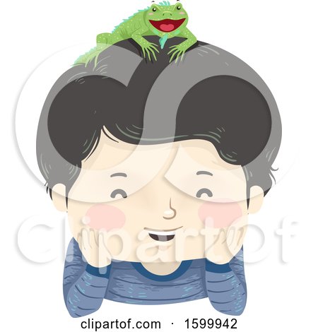 Clipart of a Happy Boy with a Pet Iguana on His Head - Royalty Free Vector Illustration by BNP Design Studio