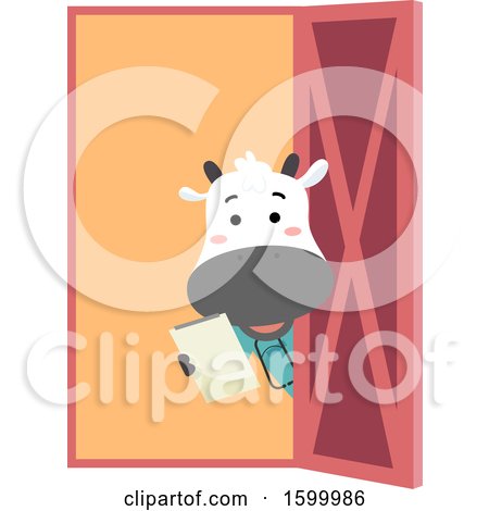 Clipart of a Livestock Veterinarian Cow Looking Around a Door - Royalty Free Vector Illustration by BNP Design Studio