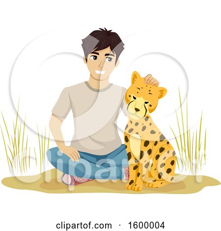 Clipart of a Young Man Sitting with a Cheetah - Royalty Free Vector Illustration by BNP Design Studio