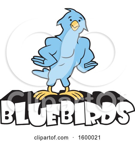 Clipart of a Muscular Blue Bird School Mascot over Text - Royalty Free Vector Illustration by Johnny Sajem