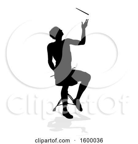 Clipart of a Silhouetted Male Drummer, with a Reflection or Shadow, on a White Background - Royalty Free Vector Illustration by AtStockIllustration