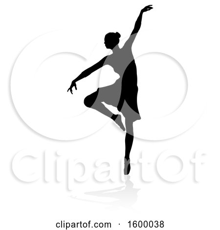 Clipart of a Silhouetted Ballerina Dancing, with a Reflection or Shadow, on a White Background - Royalty Free Vector Illustration by AtStockIllustration