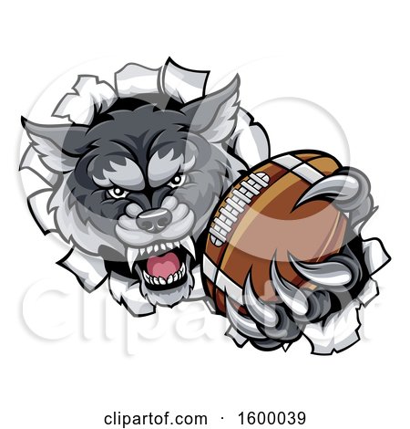 Clipart of a Tough Wolf Monster Mascot Holding out a Football in One Clawed Paw and Breaking Through a Wall - Royalty Free Vector Illustration by AtStockIllustration