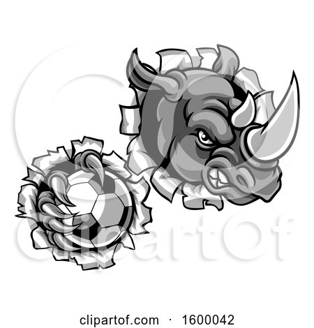Clipart of a Tough Rhino Monster Mascot Holding a Soccer Ball in One Clawed Paw and Breaking Through a Wall - Royalty Free Vector Illustration by AtStockIllustration