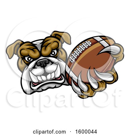 Clipart of a Tough Bulldog Monster Mascot Holding out a Football in One Clawed Paw - Royalty Free Vector Illustration by AtStockIllustration