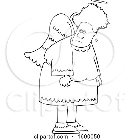Clipart of a Cartoon Lineart Black Female Angel - Royalty Free Vector Illustration by djart