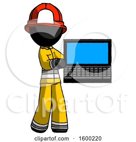 Black Firefighter Fireman Man Holding Laptop Computer Presenting Something on Screen by Leo Blanchette
