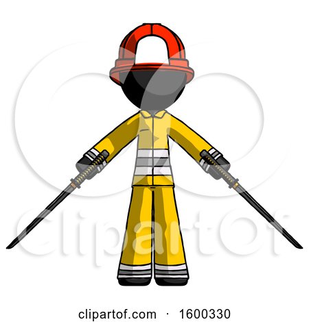 Black Firefighter Fireman Man Posing with Two Ninja Sword Katanas by Leo Blanchette
