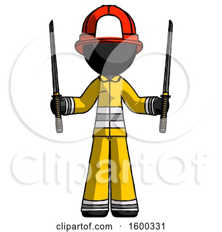Black Firefighter Fireman Man Posing with Two Ninja Sword Katanas up by Leo Blanchette