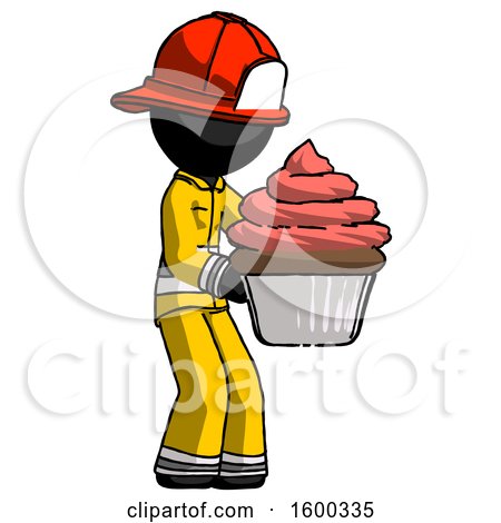 Black Firefighter Fireman Man Holding Large Cupcake Ready to Eat or Serve by Leo Blanchette