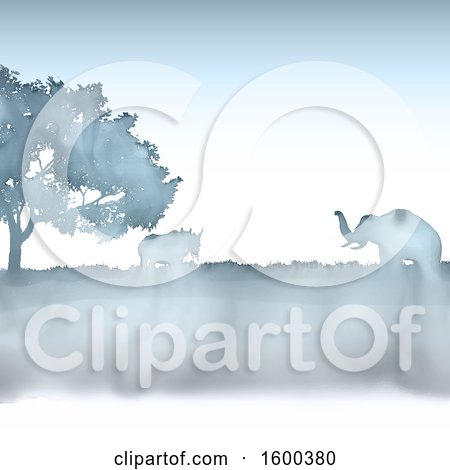 Clipart of a Silhouetted Watercolor African Landscape with an Elephant and Rhinoceros - Royalty Free Vector Illustration by KJ Pargeter