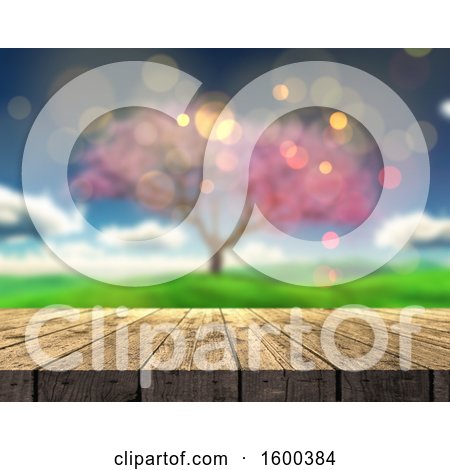 Clipart of a 3d Wood Surface and Blurred View of a Spring Tree - Royalty Free Illustration by KJ Pargeter