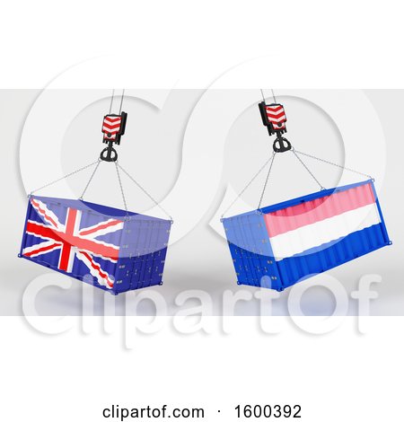Clipart of 3d Hoisted Shipping Containers with British and Dutch Flags - Royalty Free Illustration by KJ Pargeter
