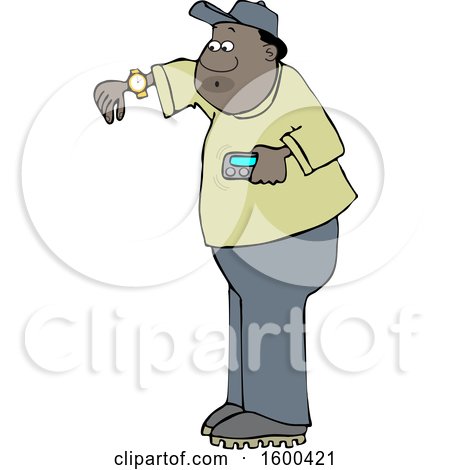 Clipart of a Cartoon Black Man Checking His Wrist Watch - Royalty Free Vector Illustration by djart
