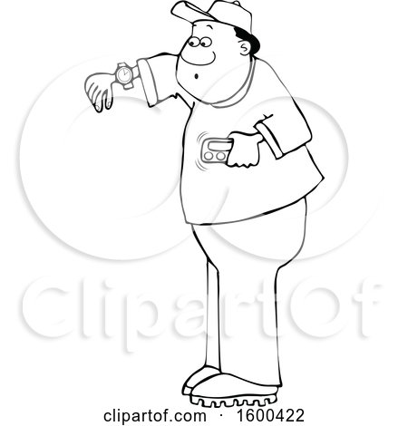 Clipart of a Cartoon Lineart Black Man Checking His Wrist Watch - Royalty Free Vector Illustration by djart