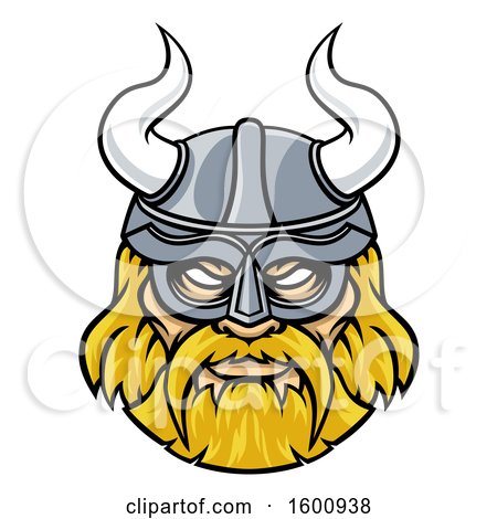 Clipart of a Tough Blond Male Viking Warrior Face Wearing a Horned Helmet - Royalty Free Vector Illustration by AtStockIllustration