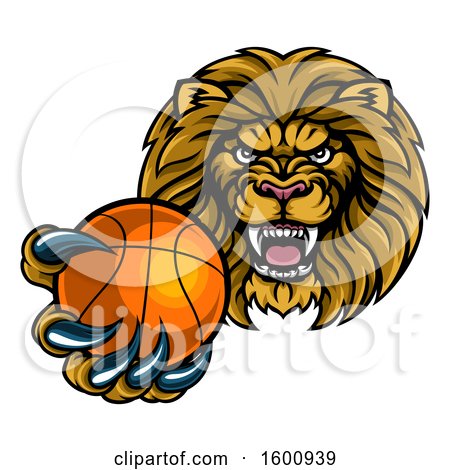 Clipart of a Tough Lion Monster Mascot Holding out a Basketball in One Clawed Paw - Royalty Free Vector Illustration by AtStockIllustration