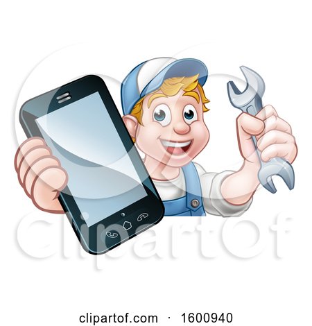 Clipart of a White Male Mechanic Holding a Spanner Wrench and Smart Phone over a Sign - Royalty Free Vector Illustration by AtStockIllustration