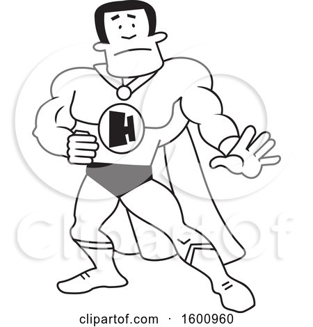 Clipart of a Black and White Cartoon Male Super Hero with an H Monogram - Royalty Free Vector Illustration by Johnny Sajem