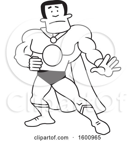 Clipart of a Black and White Cartoon Male Super Hero with a Blacnk Monogram - Royalty Free Vector Illustration by Johnny Sajem