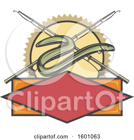 Clipart of an Eel and Crossed Fishing Reels over a Frame - Royalty Free Vector Illustration by Vector Tradition SM