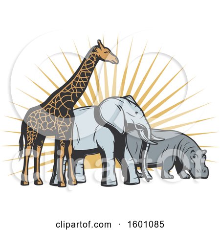 Clipart of a Giraffe, Elephant and Hippo Against Sun Rays - Royalty Free Vector Illustration by Vector Tradition SM