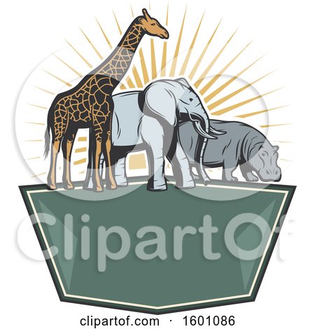 Clipart of a Giraffe, Elephant and Hippo with Sun Rays over a Frame - Royalty Free Vector Illustration by Vector Tradition SM