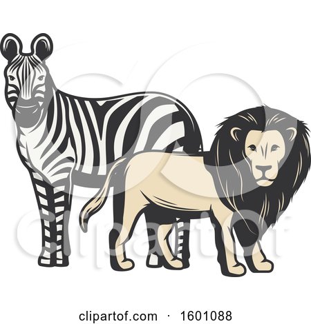 Clipart of a Zebra and Male Lion - Royalty Free Vector Illustration by Vector Tradition SM