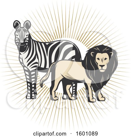 Clipart of a Zebra and Male Lion over Sun Rays - Royalty Free Vector Illustration by Vector Tradition SM