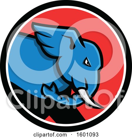 Clipart of a Blue Angry Elephant in a Black White and Red Circle - Royalty Free Vector Illustration by patrimonio