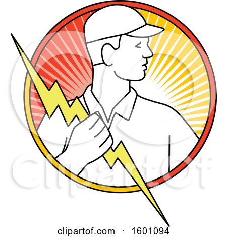 Clipart of a Male Electrician Holding a Bolt in a Circle - Royalty Free Vector Illustration by patrimonio