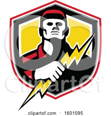Clipart of a Retro Male Electrician Holding a Bolt in a Shield - Royalty Free Vector Illustration by patrimonio