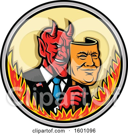 Clipart of a Devil Politician or Business Man Removing a Mask in a Flaming Circle - Royalty Free Vector Illustration by patrimonio