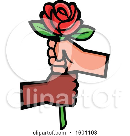 Clipart of a Rose Being Held by White and Black Hands - Royalty Free Vector Illustration by patrimonio