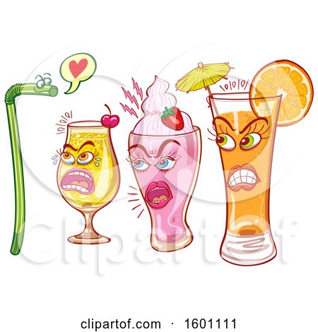 Clipart of a Flirty Straw Being Rejected by Three Female Drinks - Royalty Free Vector Illustration by Zooco