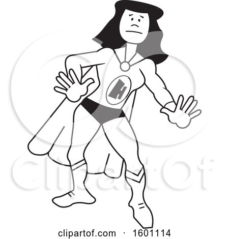 Clipart of a Cartoon Black and White Female Super Hero with a Letter H on Her Suit - Royalty Free Vector Illustration by Johnny Sajem