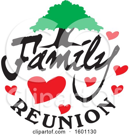 Clipart of a Family Reunion Design with a Tree and Hearts - Royalty Free Vector Illustration by Johnny Sajem