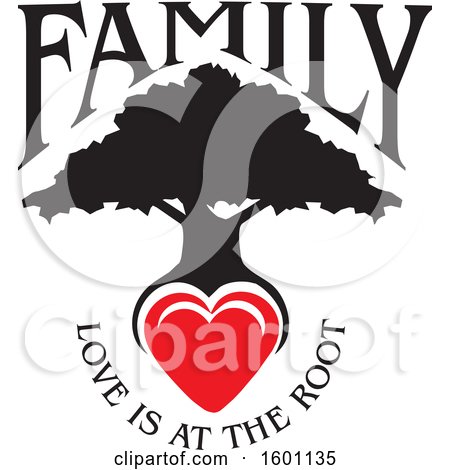 Clipart of a Black Silhouetted Family Tree with a Heart and Love Is at the Root Text - Royalty Free Vector Illustration by Johnny Sajem
