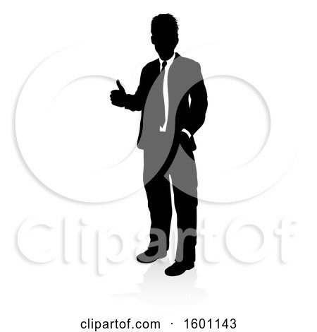 Clipart of a Silhouetted Business Man Giving a Thumb Up, with a Reflection or Shadow, on a White Background - Royalty Free Vector Illustration by AtStockIllustration