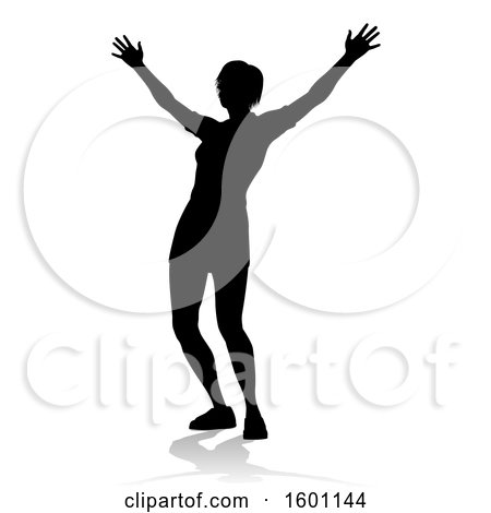 Clipart of a Silhouetted Woman Cheering, with a Shadow, on a White Background - Royalty Free Vector Illustration by AtStockIllustration
