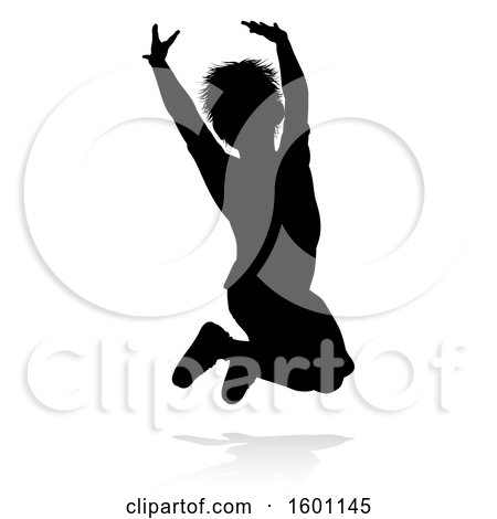 Clipart of a Silhouetted Child Jumping, with a Shadow, on a White Background - Royalty Free Vector Illustration by AtStockIllustration