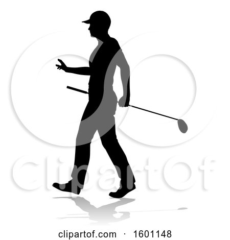 Clipart of a Silhouetted Male Golfer, with a Reflection or Shadow, on a White Background - Royalty Free Vector Illustration by AtStockIllustration