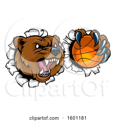 Clipart of a Bear Sports Mascot Breaking Through a Wall with a Basketball in a Paw - Royalty Free Vector Illustration by AtStockIllustration