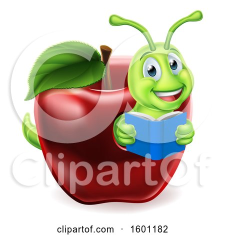 Clipart of a Cartoon Happy Green Book Worm Reading in a Red Apple - Royalty Free Vector Illustration by AtStockIllustration