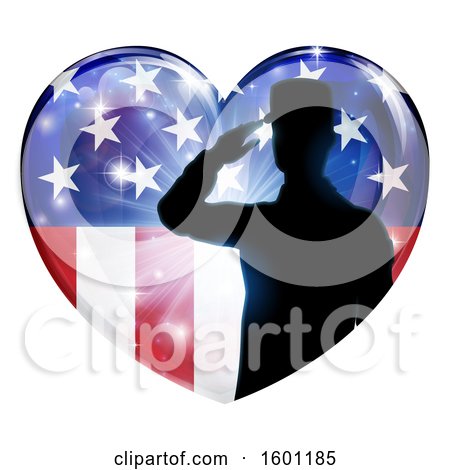 Clipart of a Silhouetted Military Veteran or Soldier Saluting in an American Themed Flag Heart - Royalty Free Vector Illustration by AtStockIllustration
