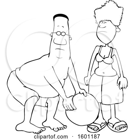 Clipart of a Cartoon Lineart Black Couple Playing with a Ball at the Beach - Royalty Free Vector Illustration by djart