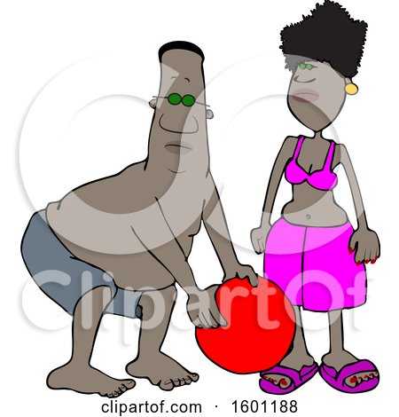 Clipart of a Cartoon Black Couple Playing with a Ball at the Beach - Royalty Free Vector Illustration by djart